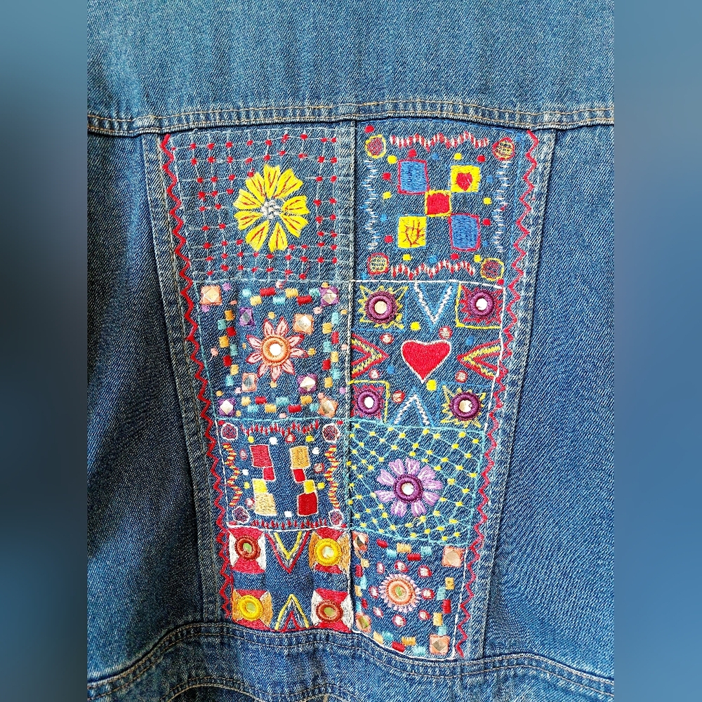 80s Boho Embroidered Mirror Denim Jacket Medium Agapo Trucker Hippie - Picture 3 of 8